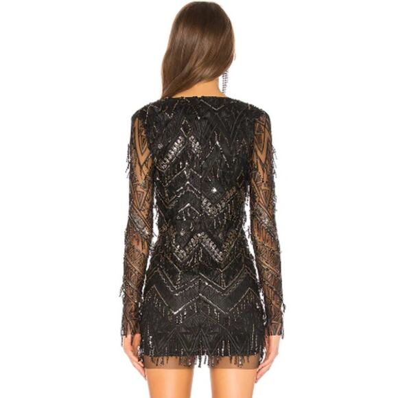 REVOLVE Superdown Nia Sequin Fringe Mini Dress Plunge V-Neck Mesh Long Sleeve - Picture 3 of 13